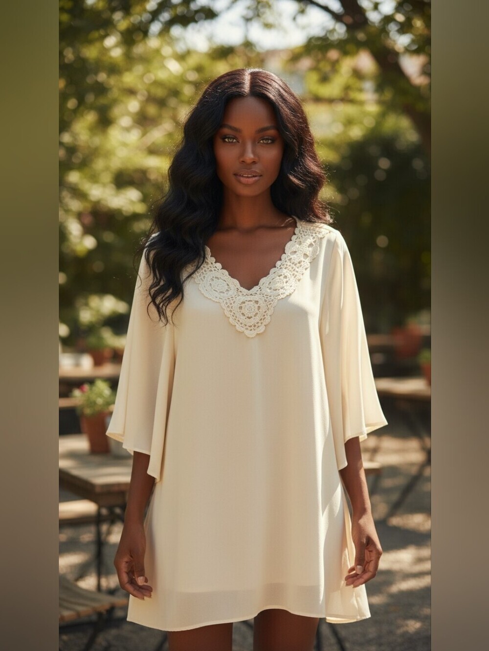 New York & Company Cream Crochet Lace V-Neck Tunic Blouse 3/4 Sleeve M